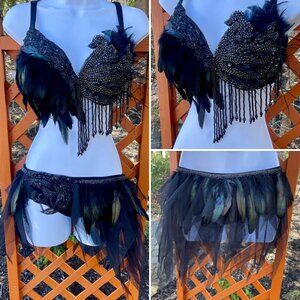 Black Swan Rhinestone Feather Costume Rave Bra and Skirt Bottom